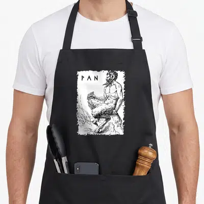 Tablier de cuisine noir avec une illustration gravure représentant le dieu Pan tenant des flûtes de Pan sur un rocher.