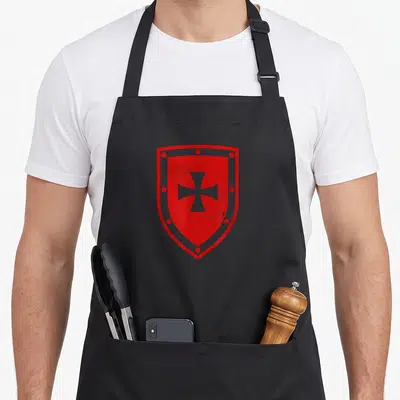 Tablier de cuisine noir avec un grand écu rouge portant une croix templière blanche au centre.