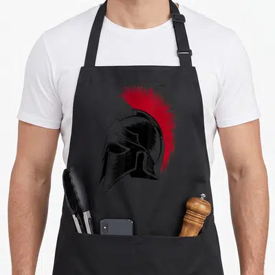 Tablier de cuisine noir avec illustration d'un casque spartiate noir et crinière rouge vif de style gravure.