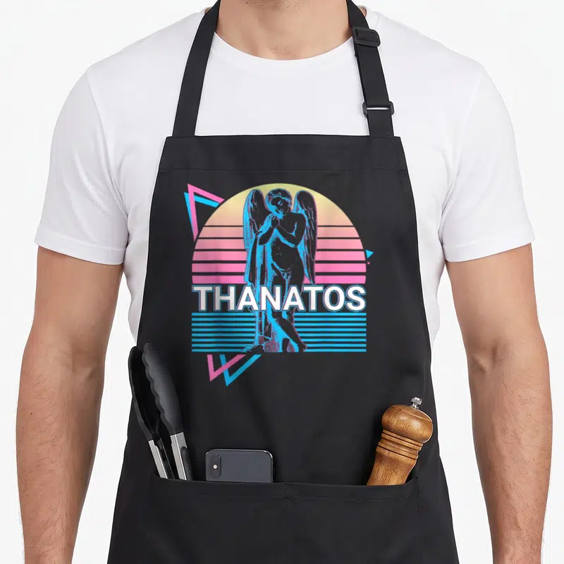 Tablier de cuisine noir avec illustration colorée de Thanatos dieu grec en style synthwave rétro.