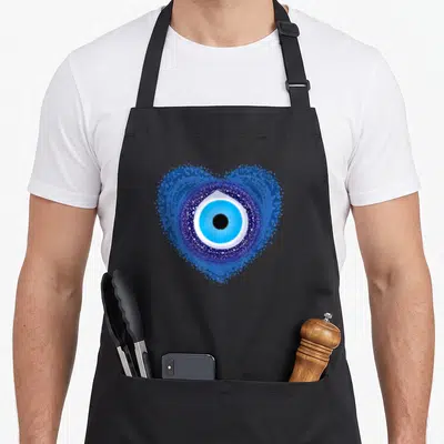 Tablier de cuisine noir avec un mauvais œil bleu stylisé en forme de cœur, motif Nazar protecteur grec au centre du torse.