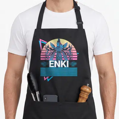 Tablier de cuisine noir avec illustration colorée d'Enki dieu sumérien sur fond de soleil néon rose et jaune.