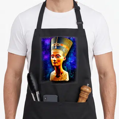 Tablier de cuisine noir avec illustration colorée du buste de la reine Néfertiti sur fond d'espace étoilé.