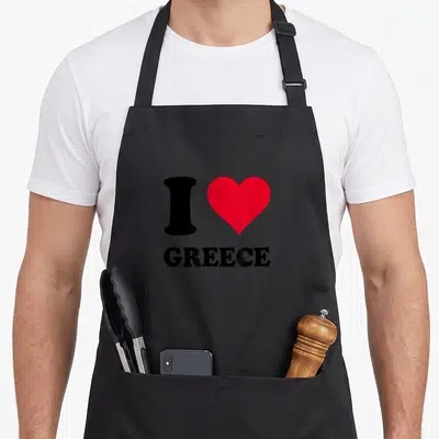 Tablier de cuisine noir avec une colonne ionique noire, un cœur rouge et le texte GREECE en bas.
