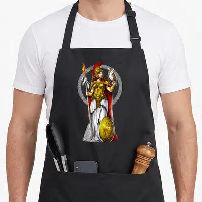 Tablier de cuisine noir avec une illustration d'Athéna déesse grecque tenant un hibou et une lance.