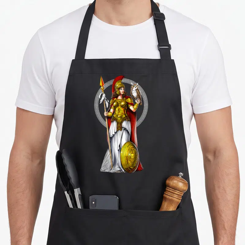 Tablier de cuisine noir avec une illustration d'Athéna déesse grecque tenant un hibou et une lance.