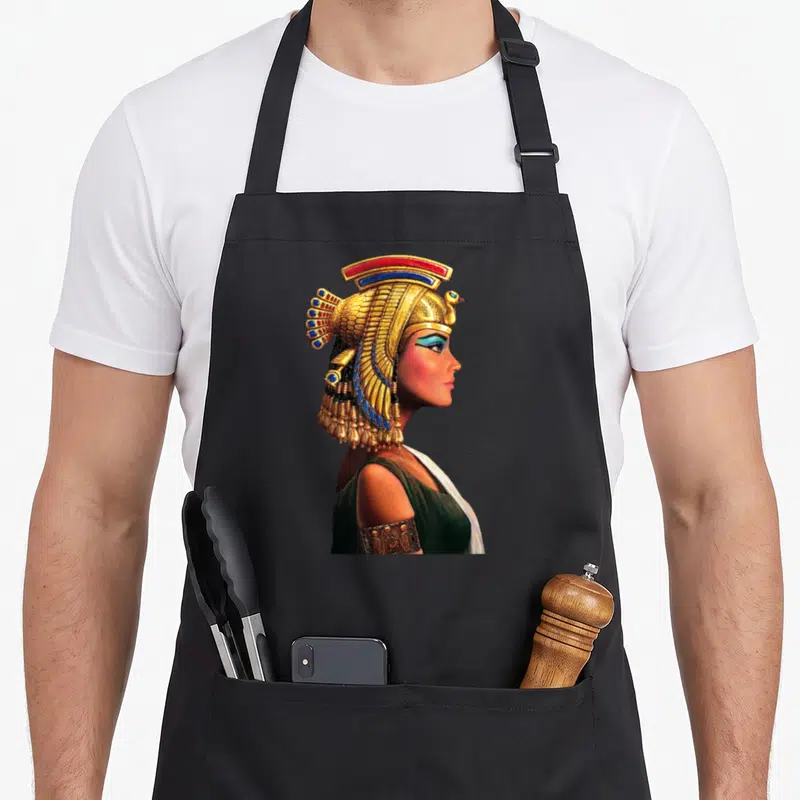 Tablier de cuisine noir avec illustration colorée du profil d'Isis coiffée d'un diadème doré et ornements bleus.