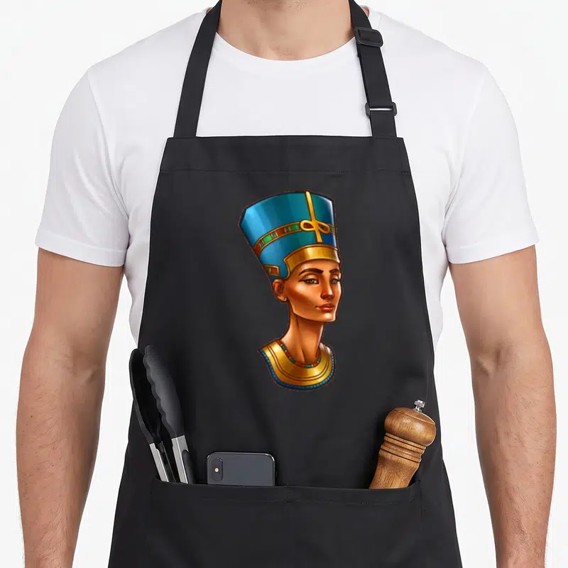 Tablier de cuisine noir avec illustration colorée du buste de la reine Néfertiti portant une haute coiffe bleue et un large collier doré.
