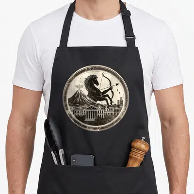 Tablier de cuisine noir avec illustration circulaire d'un centaure archer sur fond de ville antique et volcan.