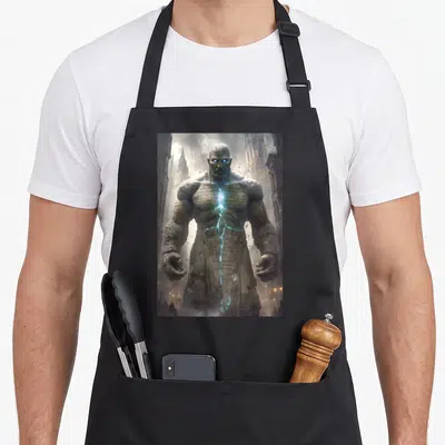Tablier de cuisine noir avec illustration d'un Golem de terre aux yeux lumineux et runes sur la poitrine.