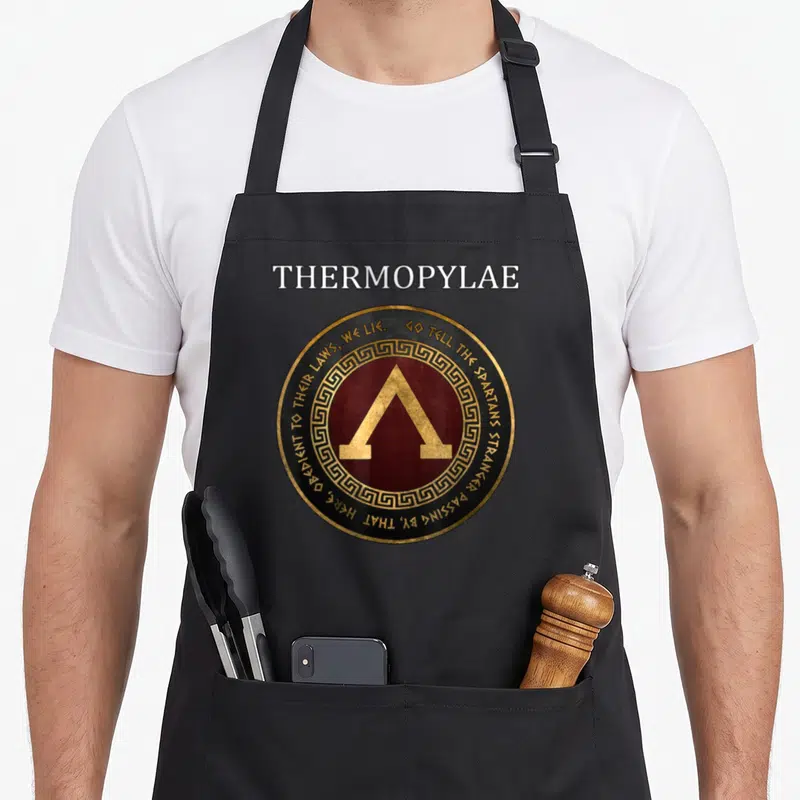 Tablier de cuisine noir avec emblème circulaire rouge et or portant le mot Thermopylae et le symbole Lambda central.