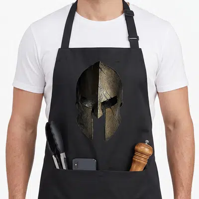 Tablier de cuisine noir avec illustration détaillée d'un casque spartiate de guerrier antique aux teintes métalliques sombres.