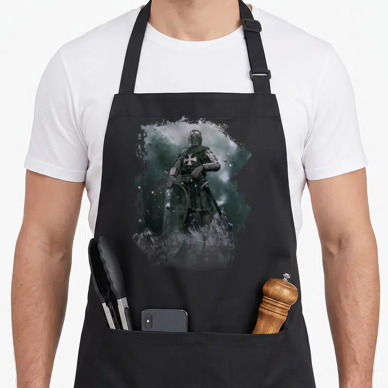 Tablier de cuisine noir avec illustration d'un chevalier templier de dos portant une croix blanche et tenant un bouclier.