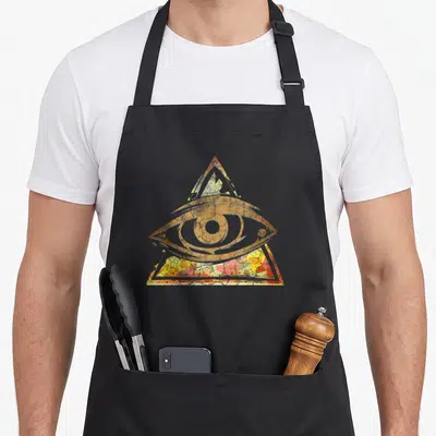 Tablier de cuisine noir avec un grand œil stylisé dans un triangle et des détails colorés de géométrie sacrée égyptienne.