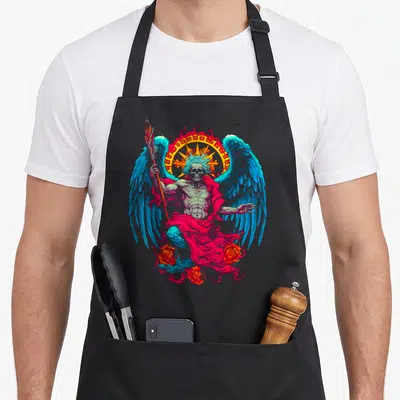 Tablier de cuisine noir avec illustration colorée de Thanatos aux ailes bleues et roses rouges.