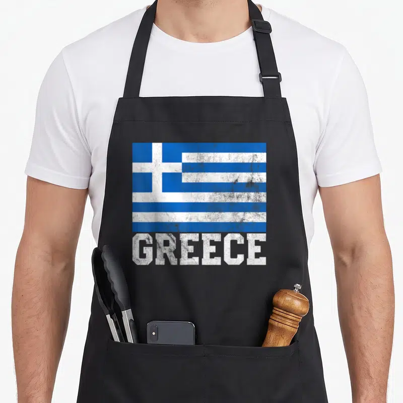 Tablier de cuisine noir avec drapeau grec stylisé et inscription GREECE en blanc délavé.