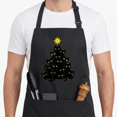 Tablier de cuisine noir avec un motif d'arbre de Noël composé de chats noirs aux yeux jaunes et d'une étoile dorée.