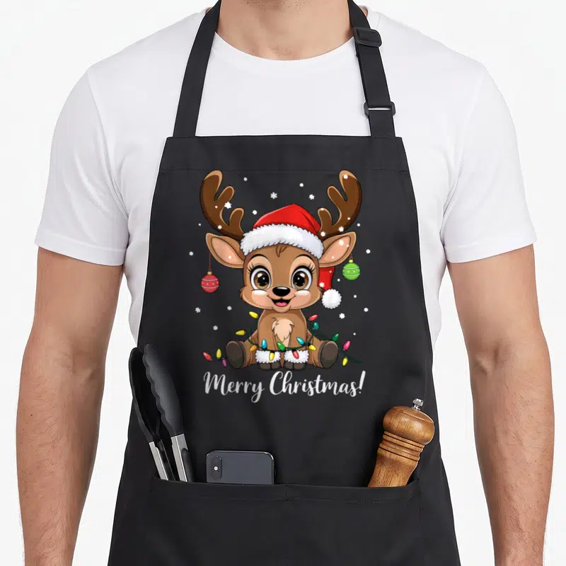 Tablier de cuisine noir avec un renne mignon portant un bonnet de Noël et des guirlandes lumineuses.