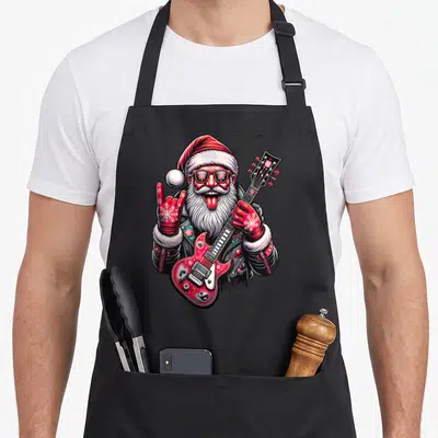 Tablier de cuisine noir avec illustration d'un Père Noël rock portant des lunettes de soleil et tenant une guitare électrique rouge ornée de motifs hivernaux.