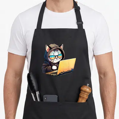 Tablier de cuisine noir avec illustration d'un chat en pull à capuche utilisant un ordinateur portable doré.