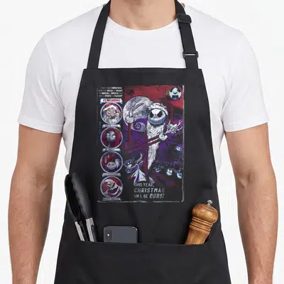 Tablier de cuisine noir avec illustration de Jack Skellington en Père Noël style comic book vintage.