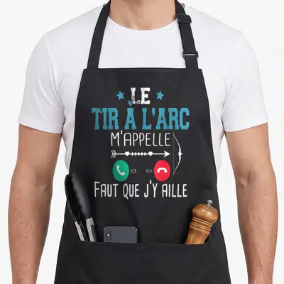 Tablier de cuisine noir avec le texte Le tir à l'arc m'appelle et des icônes de téléphone vert et rouge.
