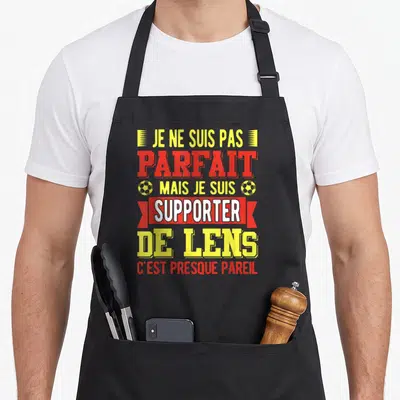 Tablier de cuisine noir avec texte jaune et rouge Je ne suis pas parfait mais je suis supporter de Lens c'est presque pareil.