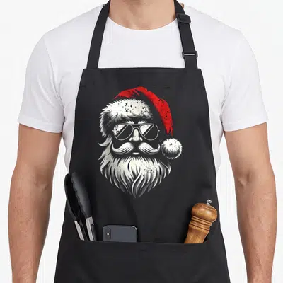Tablier de cuisine noir avec illustration d'un Père Noël aux lunettes de soleil et à la barbe blanche texturée.