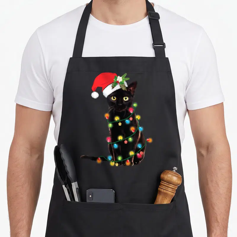 Tablier de cuisine noir avec un chat noir portant une casquette rouge et enroulé dans des guirlandes lumineuses multicolores.