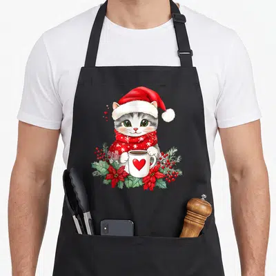 Tablier de cuisine noir avec illustration d'un chat en tenue de Noël tenant une tasse à cœur entourée de poinsettas et de houx.