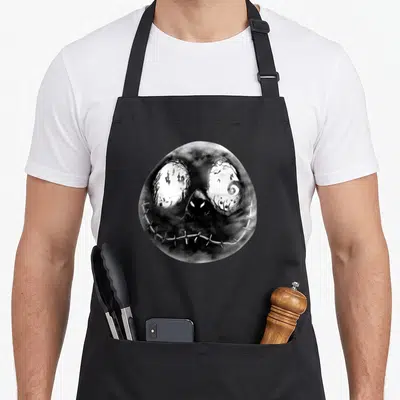 Tablier de cuisine noir avec le visage rond de Jack Skellington aux yeux miroir montrant un paysage hivernal et une silhouette stitched.