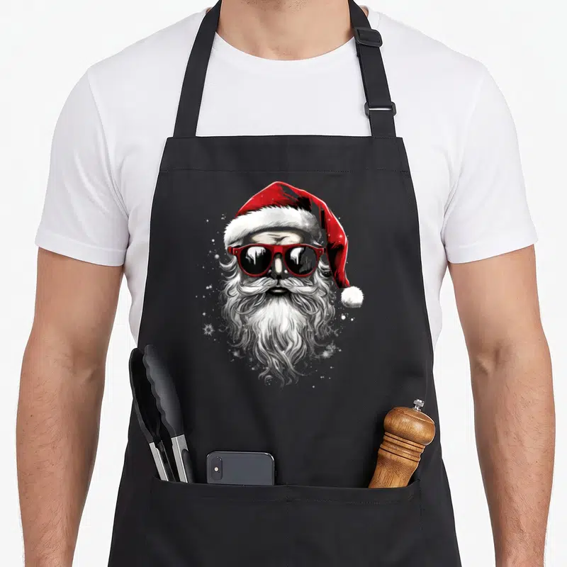 Tablier de cuisine noir avec illustration d'un visage de Père Noël portant des lunettes de soleil rouges et une barbe fournie.