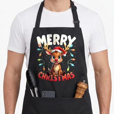 Tablier de cuisine noir avec un renne cartoon portant un bonnet rouge et des lumières colorées.