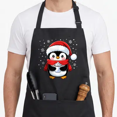 Tablier de cuisine noir avec illustration d'un pingouin mignon en tenue de Père Noël tenant une tasse de chocolat.