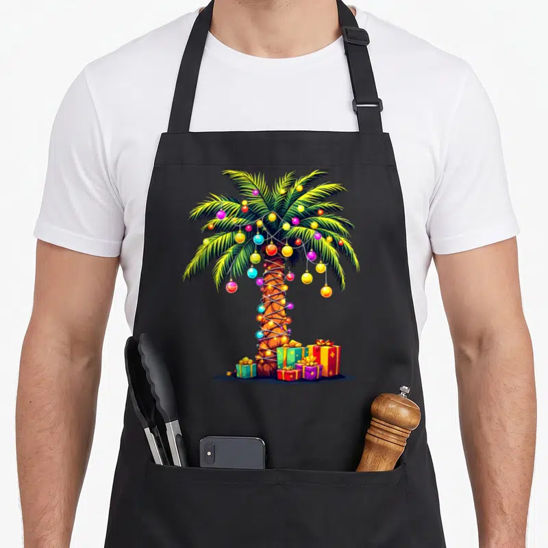 Tablier de cuisine noir avec un palmier décoré de guirlandes lumineuses, de boules colorées et de cadeaux empilés à la base du tronc.