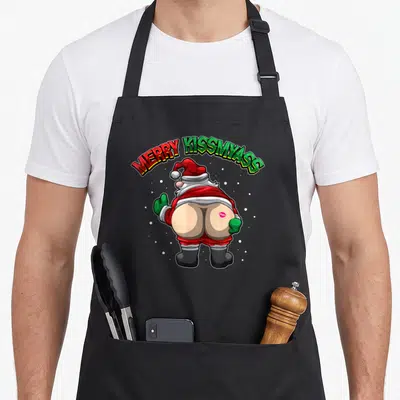 Tablier Merry Kissmyass - Tu peux embrasser le cul du père Noël — sur un tablier de cuisine noir, fond blanc