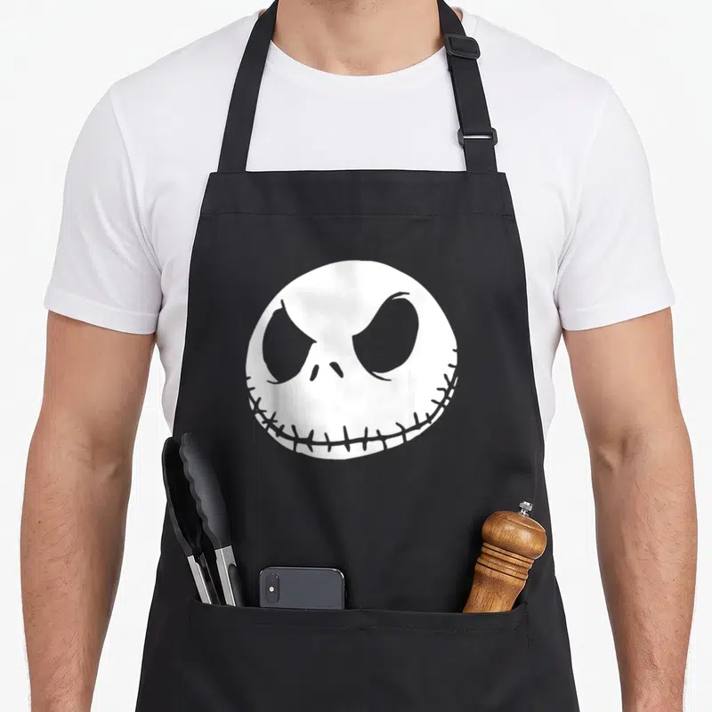 Tablier de cuisine noir avec le visage rond et stitched de Jack Face Black en blanc au centre.