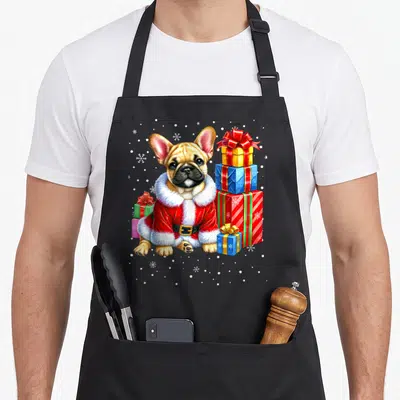 Tablier de cuisine noir avec un bouledogue français en tenue de Père Noël entouré de cadeaux colorés et de flocons de neige.