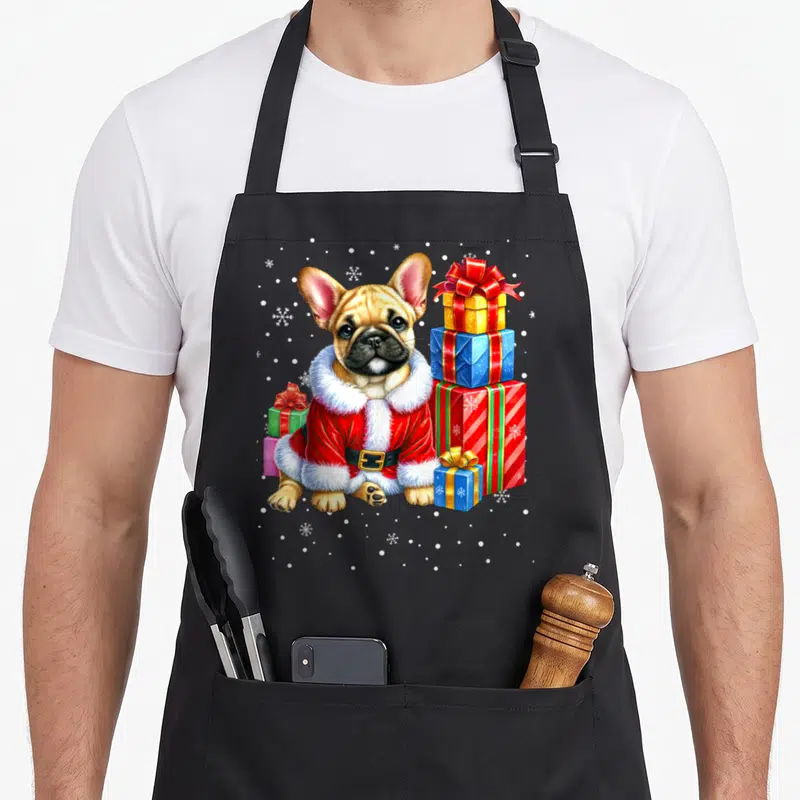 Tablier de cuisine noir avec un bouledogue français en tenue de Père Noël entouré de cadeaux colorés et de flocons de neige.