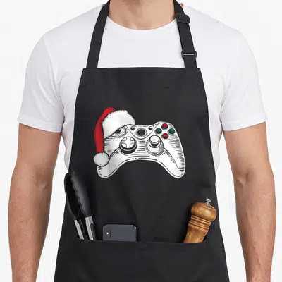 Tablier de cuisine noir avec une illustration de manette de jeu vidéo portant un chapeau de Père Noël rouge et blanc.