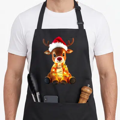 Tablier de cuisine noir avec un renne mignon portant un bonnet de Noël et des guirlandes lumineuses autour du cou.