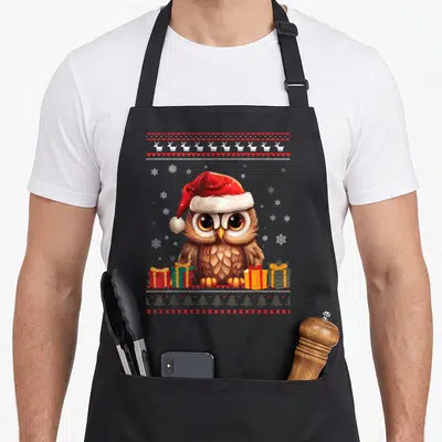 Tablier de cuisine noir avec un hibou portant un bonnet de père Noël et des cadeaux colorés en bas.