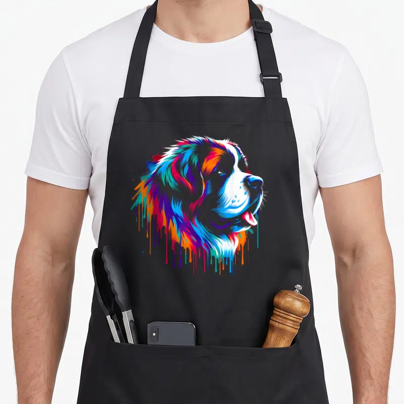 Tablier de cuisine noir avec un saint bernard aux couleurs vibrantes et style peinture en coulisses.