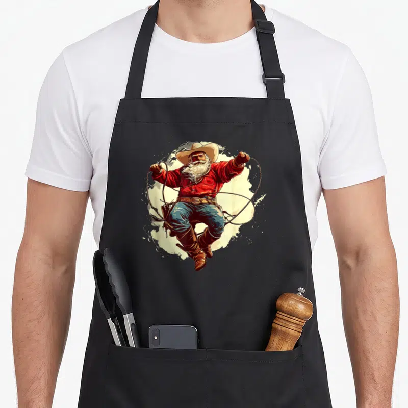 Tablier de cuisine noir avec un Père Noël cowboy en chapeau, chemise rouge et lasso en mouvement.