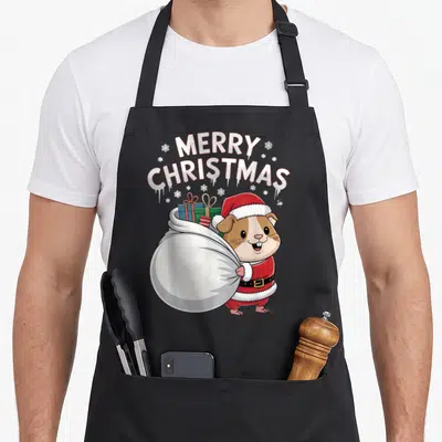 Tablier de cuisine noir avec un cochon d'Inde en tenue de Père Noël transportant un sac de cadeaux colorés sous le texte Merry Christmas.
