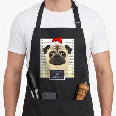 Tablier de cuisine noir avec illustration d'un pug en fiche d'identité portant une casquette de Père Noël et un panneau « DEAR SANTA, I CAN EXPLAIN ».