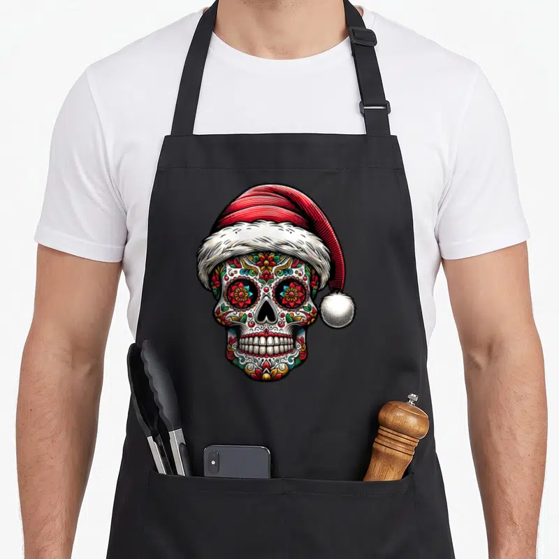 Tablier de cuisine noir avec un crâne de sucre aux couleurs vives portant un chapeau de Père Noël rouge et blanc.