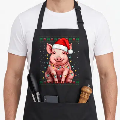 Tablier de cuisine noir avec un cochon rose portant un bonnet rouge et des lumières de Noël enroulées autour du corps.