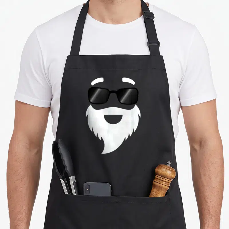 Tablier de cuisine noir avec illustration stylisée d'une barbe blanche et de lunettes de soleil noires.