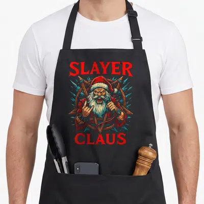 Tablier de cuisine noir avec illustration Slayer Claus Père Noël en métal et texte rouge stylisé heavy rock.